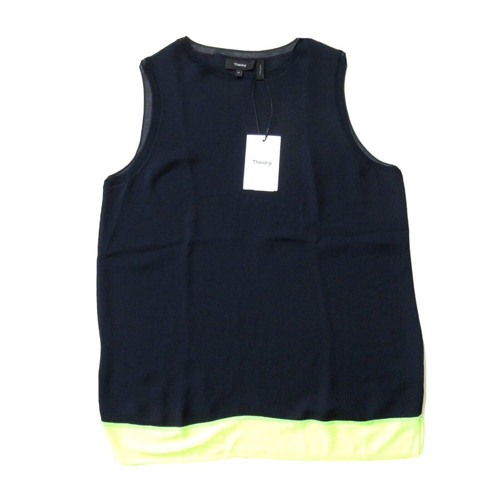 NWT Theory Lewie Tank in Navy Neon Yellow Silk Combo Sleeveless Top M $245